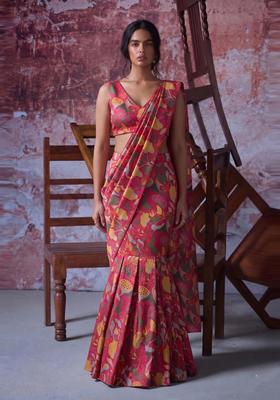 Pink Printed Organza Pre Draped Saree Set