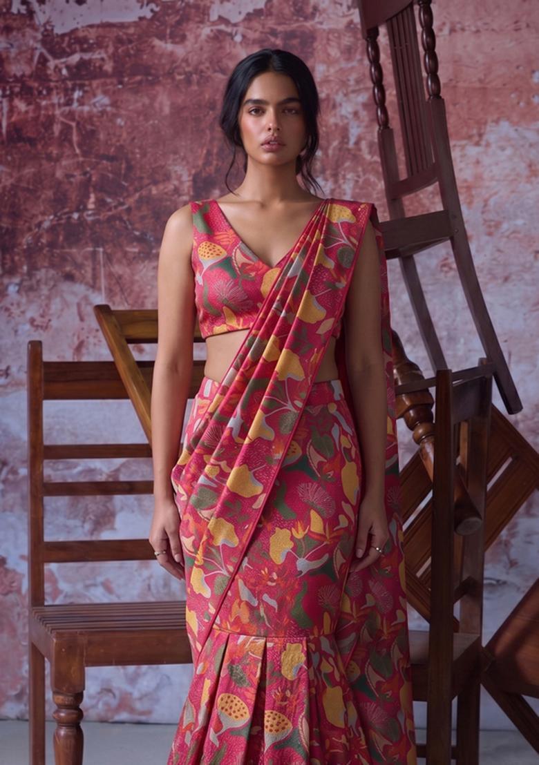 Pink Printed Organza Pre Draped Saree Set - Indya