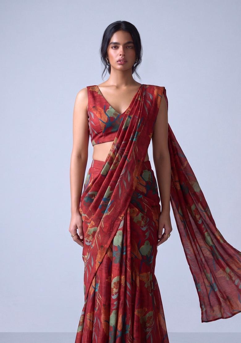 Wine Red Printed Organza Pre Draped Saree Set - Indya
