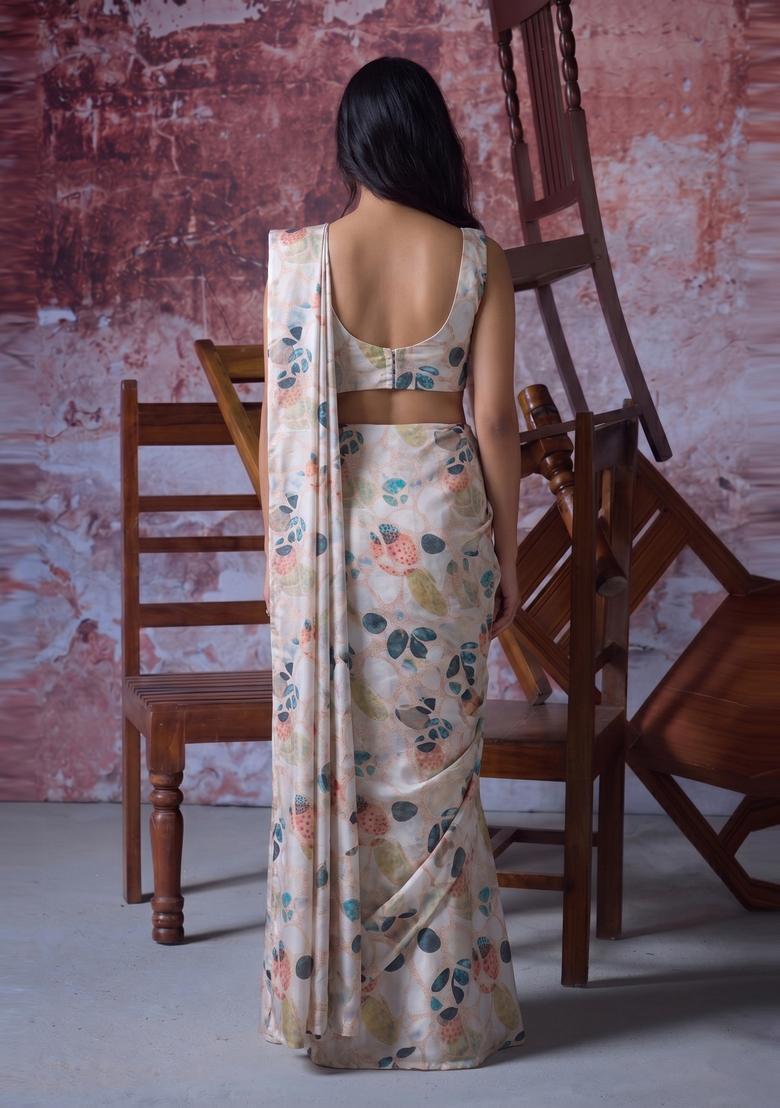 Off White Printed Organza Pre Draped Saree Set - Indya