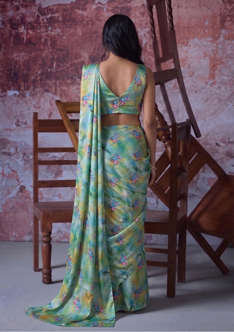 Sea Green Printed Organza Pre Draped Saree Set - Indya