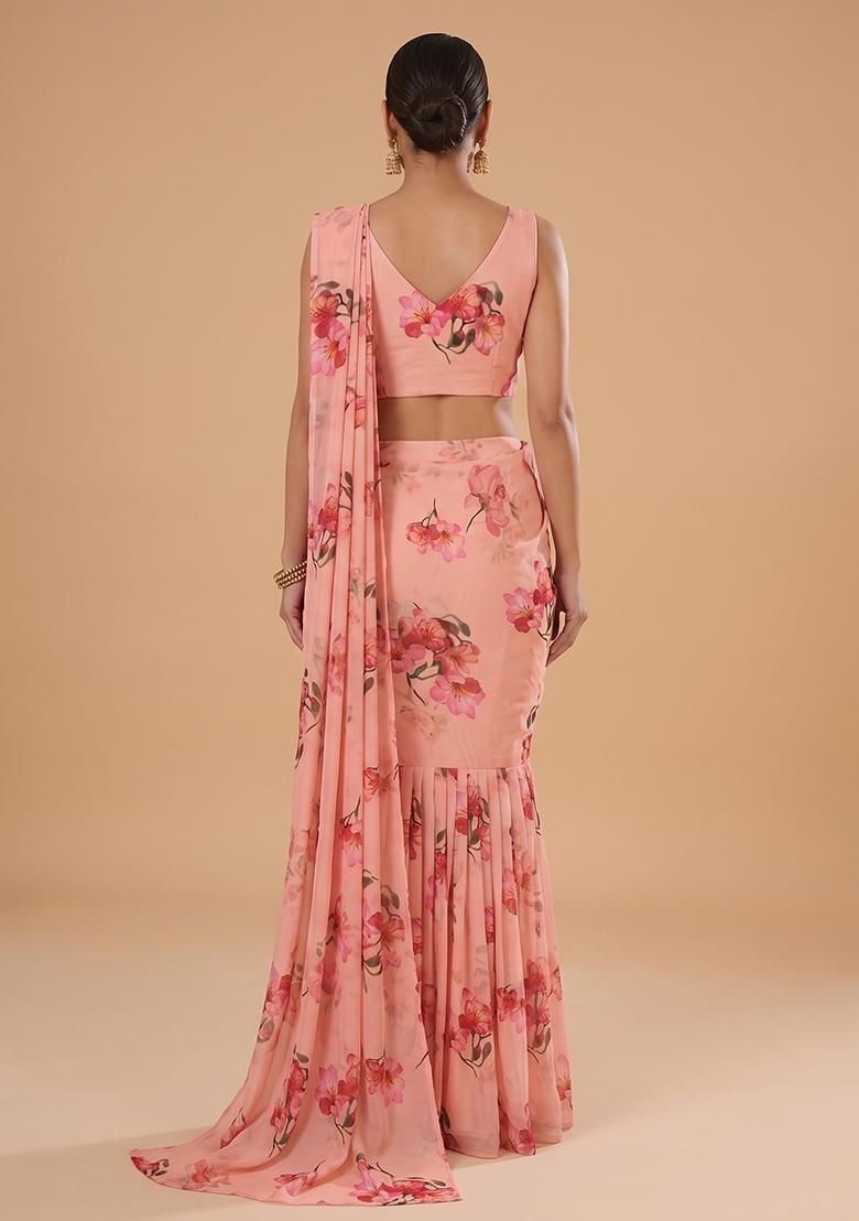 Peach Printed Chiffon Pre Draped Saree Set - Indya