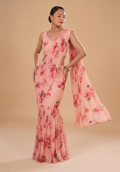 Peach Printed Chiffon Pre Draped Saree Set