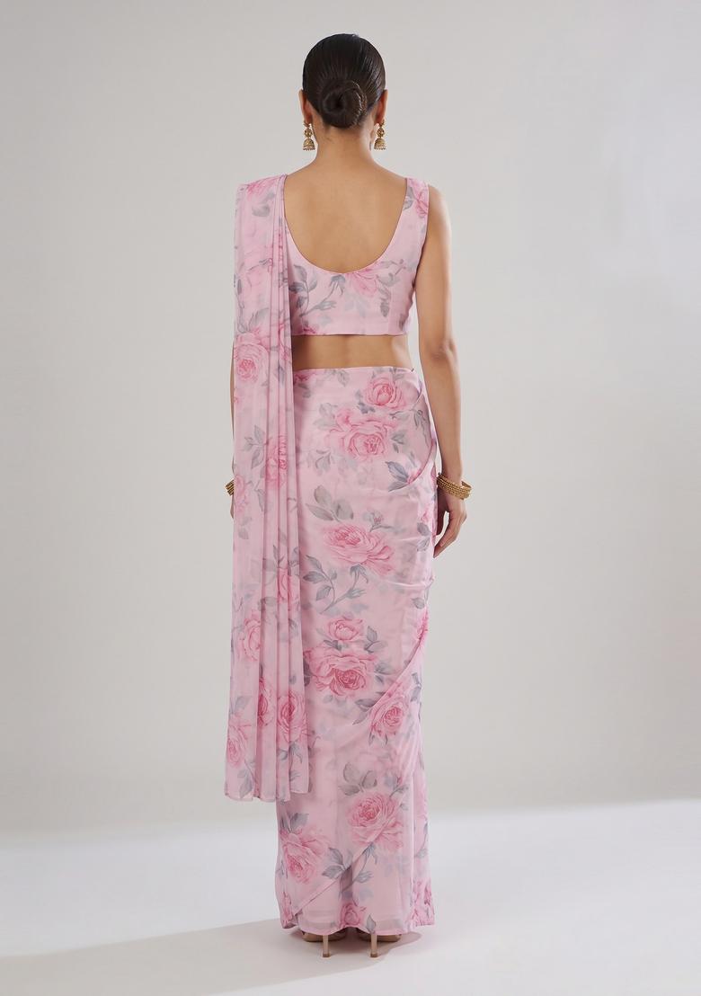 Dusty Mauve Printed Chiffon Pre Draped Saree Set - Indya