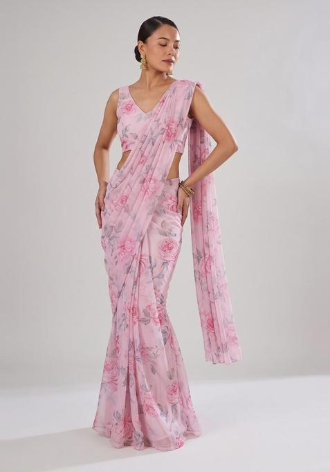 Dusty Mauve Printed Chiffon Pre Draped Saree Set