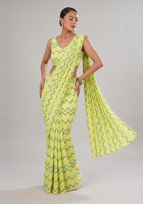 Lime Green Printed Chiffon Pre Draped Saree Set