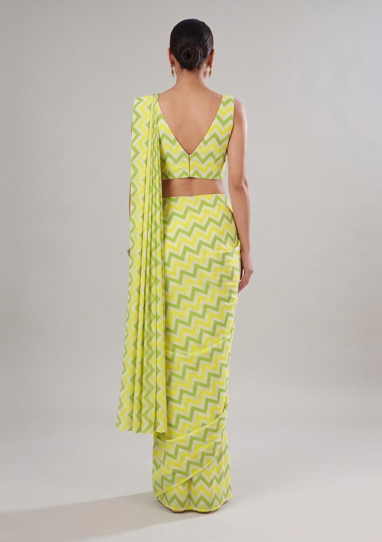 Lime Green Printed Chiffon Pre Draped Saree Set - Indya