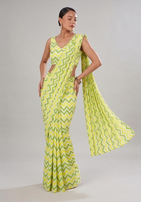 Lime Green Printed Chiffon Pre Draped Saree Set