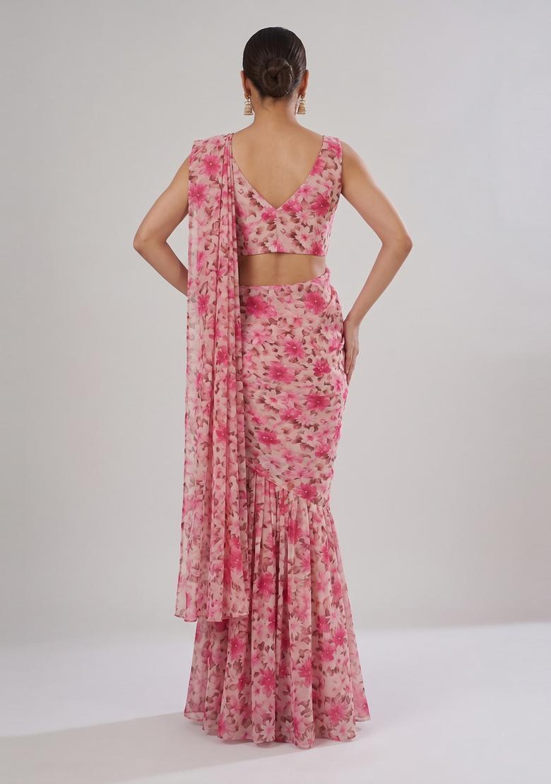 Pink Printed Chiffon Pre Draped Saree Set - Indya