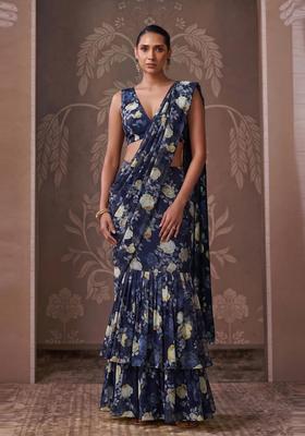 Navy Blue Printed Georgette Pre Draped Saree Set