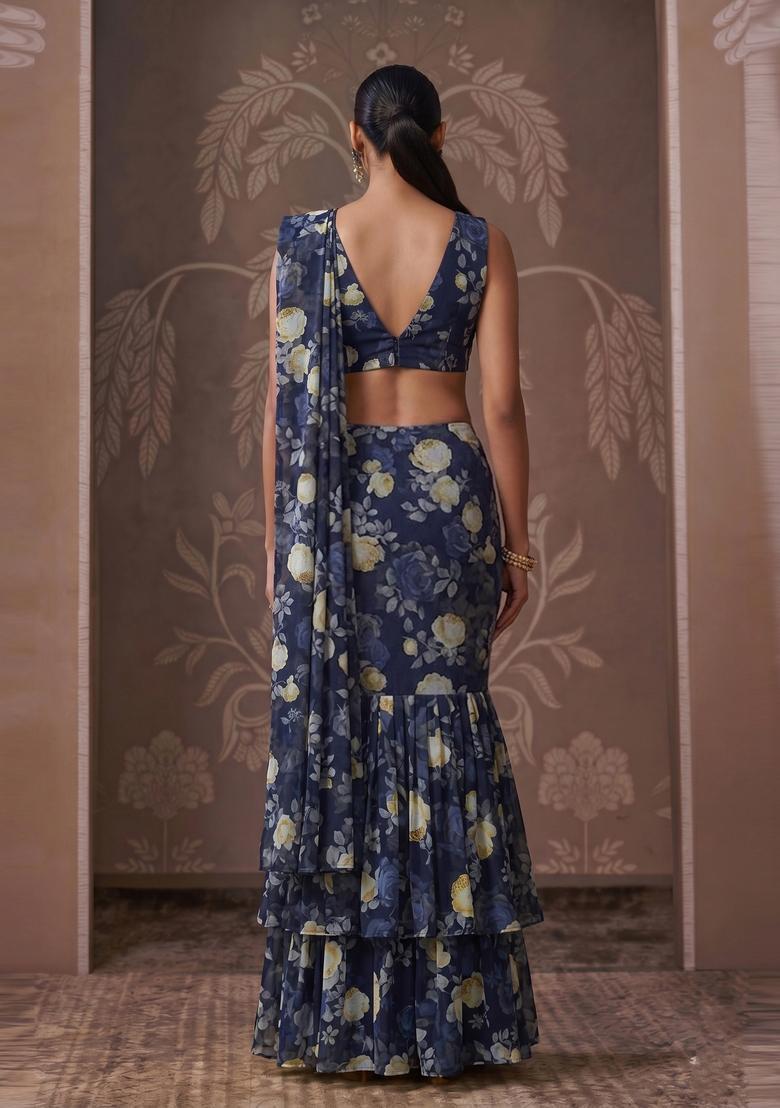 Navy Blue Printed Georgette Pre Draped Saree Set - Indya