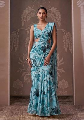 Teal Green Printed Georgette Pre Draped Saree Set