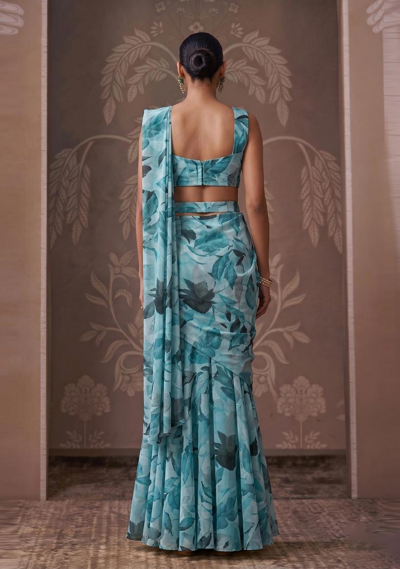 Teal Green Printed Georgette Pre Draped Saree Set - Indya