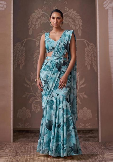 Teal Green Printed Georgette Pre Draped Saree Set