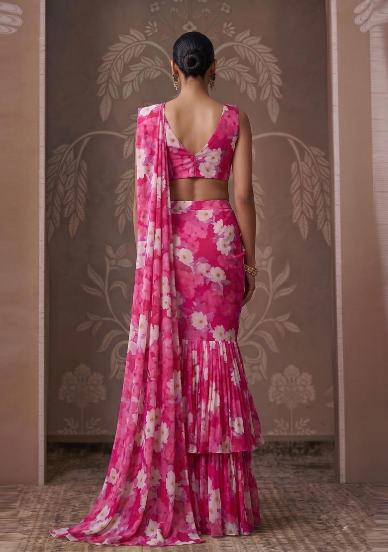 Pink Printed Georgette Pre Draped Saree Set - Indya