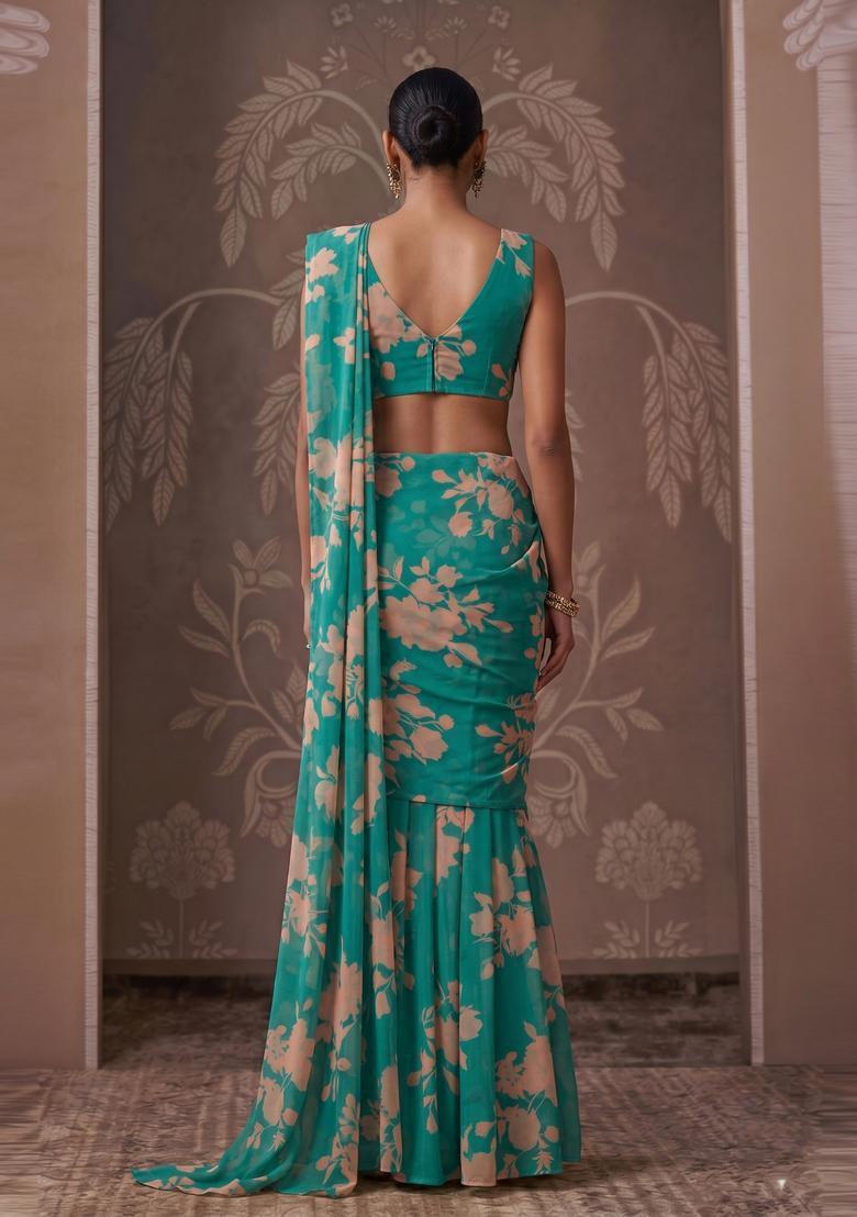 Teal Printed Georgette Pre Draped Saree Set - Indya