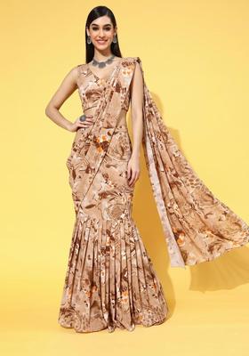 Beige Printed Crepe Pre Draped Saree Set