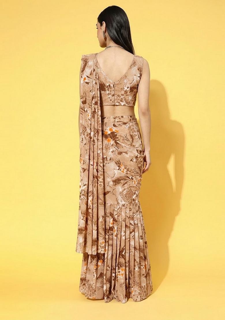 Beige Printed Crepe Pre Draped Saree Set - Indya