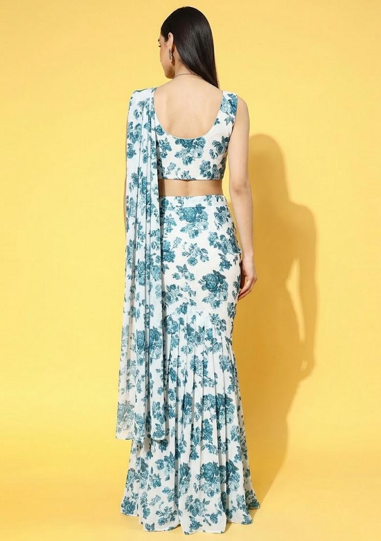 Blue Printed Crepe Pre Draped Saree Set - Indya