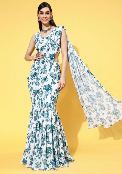 Blue Printed Crepe Pre Draped Saree Set