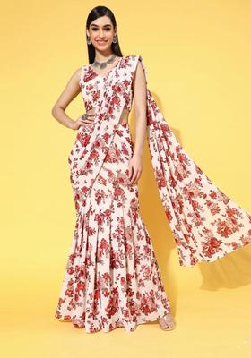 Red Printed Crepe Pre Draped Saree Set
