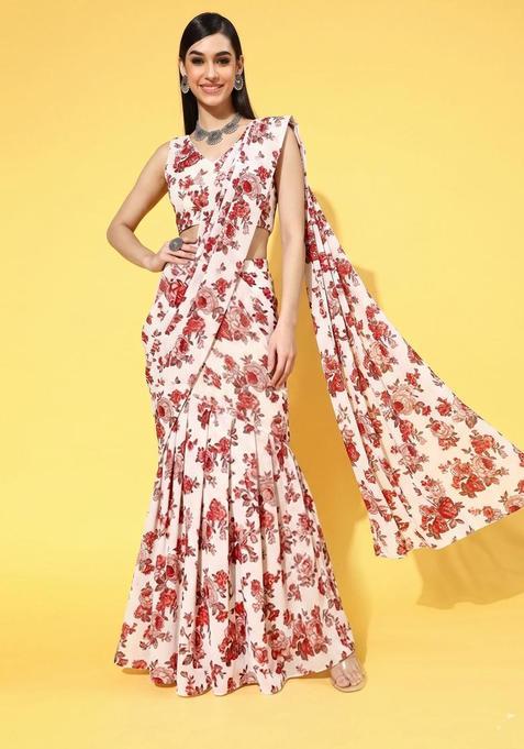 Red Printed Crepe Pre Draped Saree Set