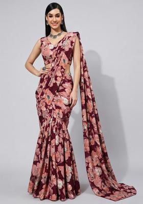 Wine Printed Crepe Pre Draped Saree Set