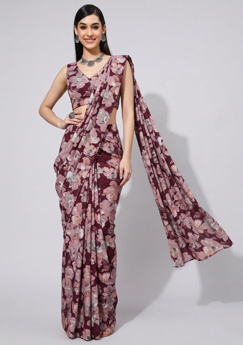 Wine Printed Crepe Pre Draped Saree Set - Indya