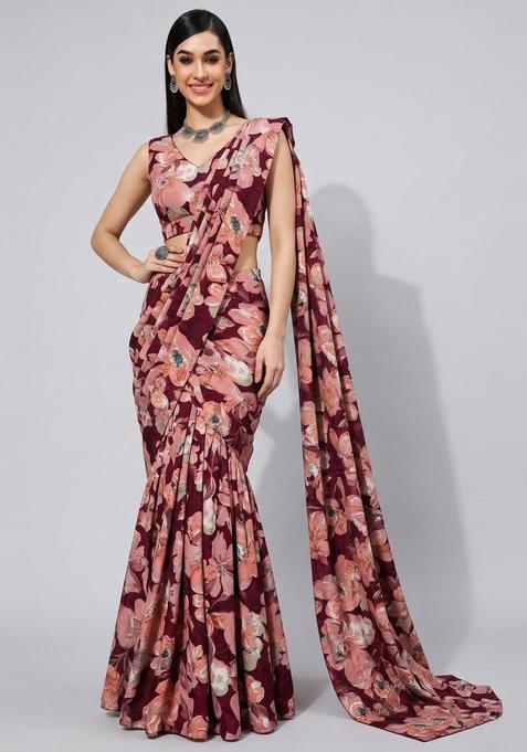Wine Printed Crepe Pre Draped Saree Set