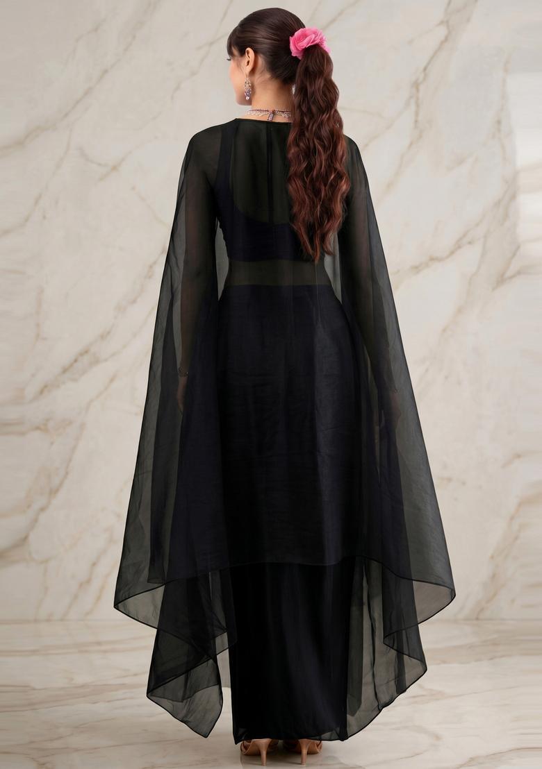 Black Embroidered Handwork Fusion Set - Indya
