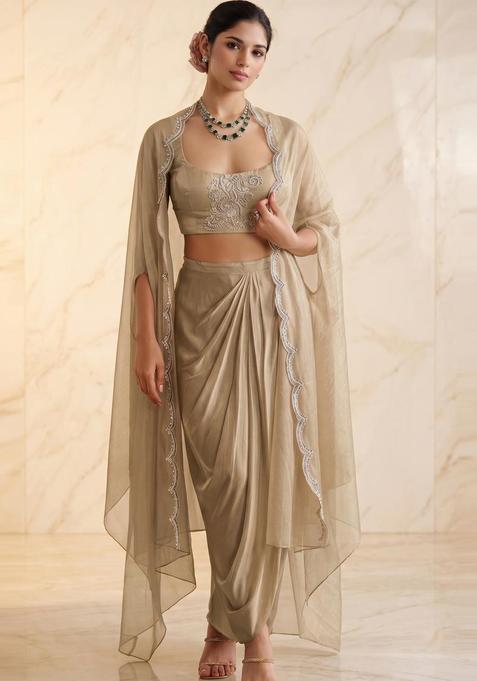 Champagne Beige Embroidered Handwork Fusion Set