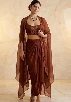 Copper Brown Embroidered Handwork Fusion Set