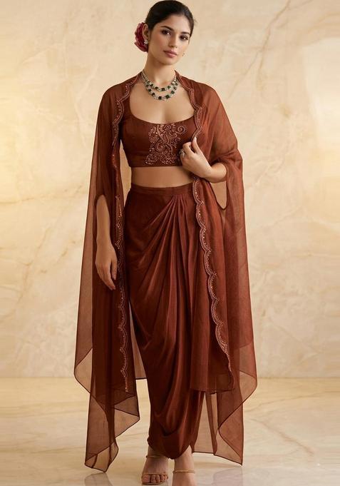 Copper Brown Embroidered Handwork Fusion Set