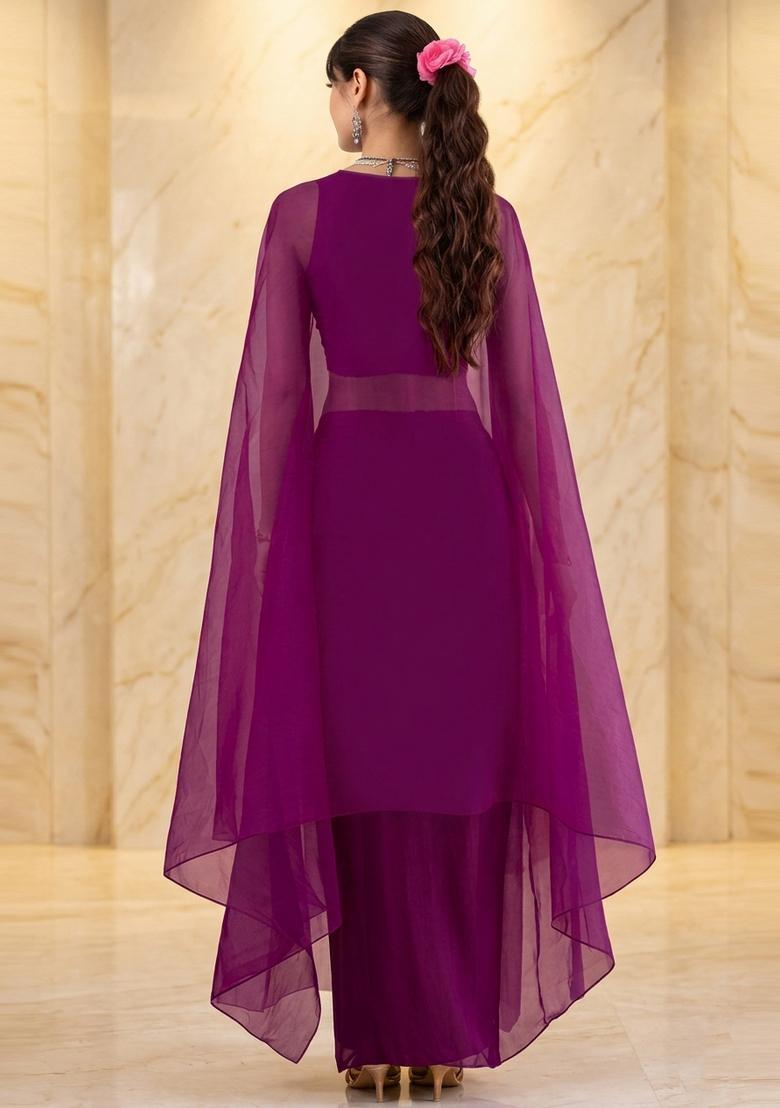 Magenta Embroidered Handwork Fusion Set - Indya
