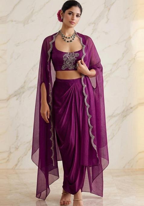 Magenta Embroidered Handwork Fusion Set