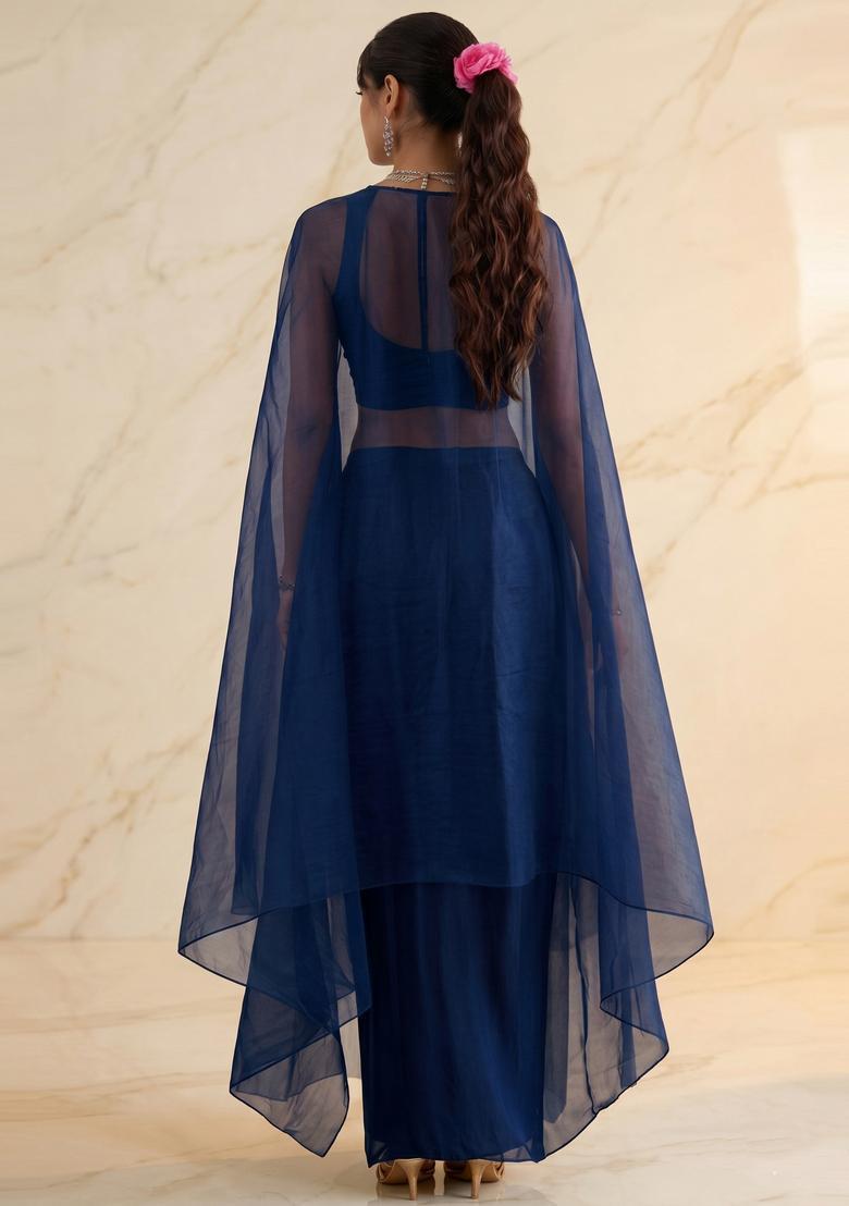 Navy Blue Embroidered Handwork Fusion Set - Indya