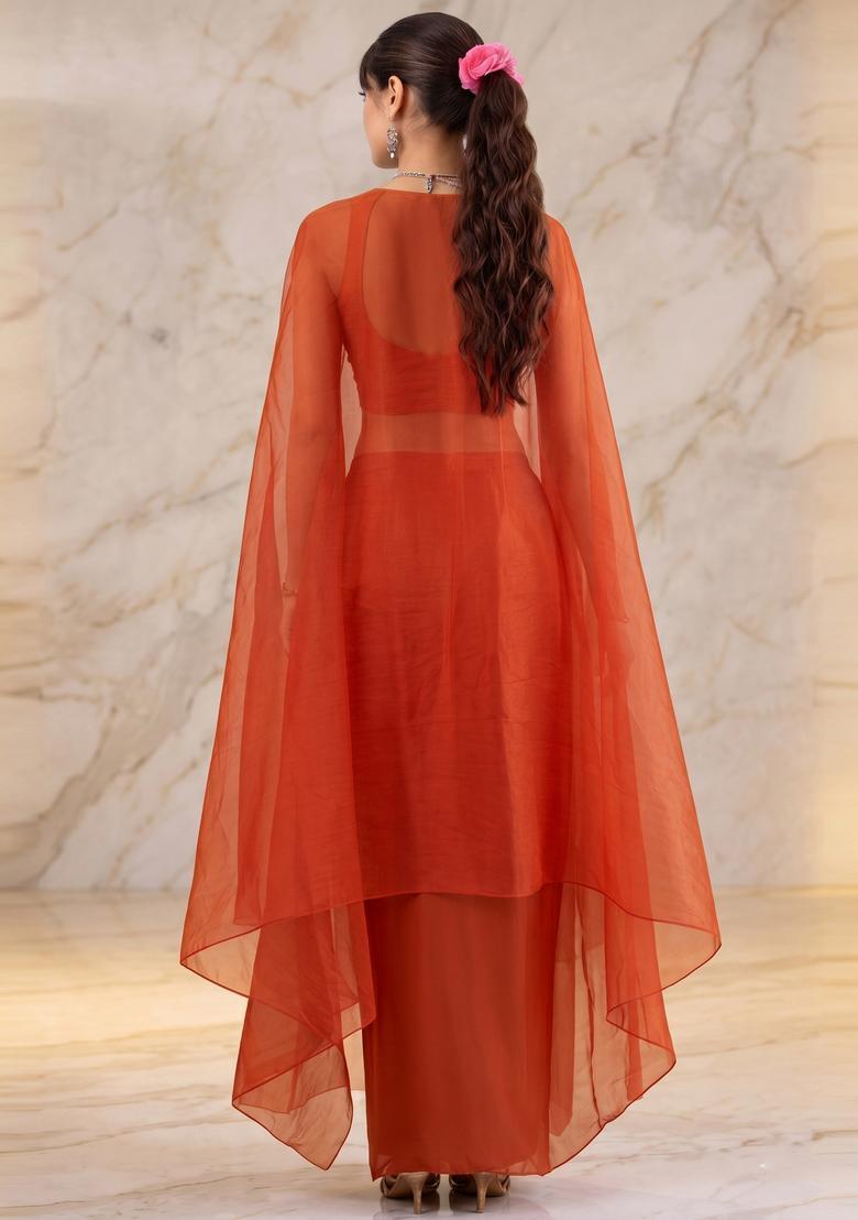 Burnt Orange Embroidered Handwork Fusion Set - Indya