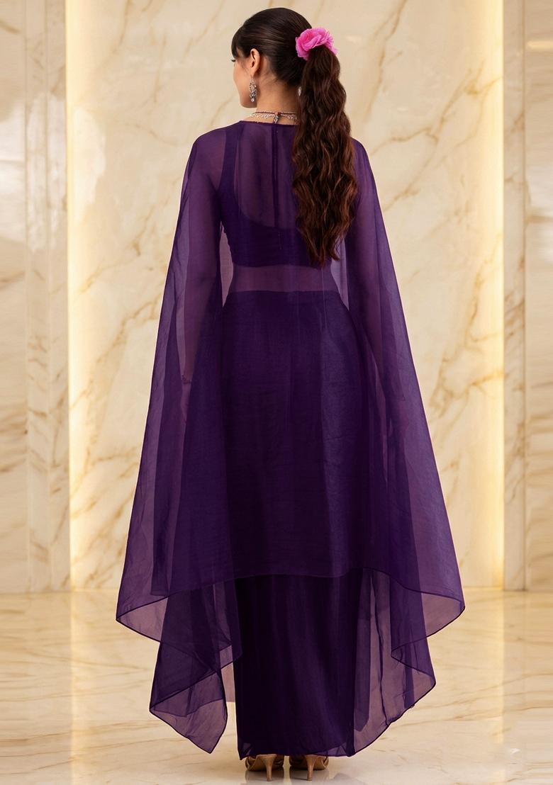 Deep Purple Embroidered Handwork Fusion Set - Indya