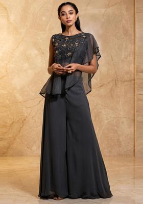 Charcoal Grey Embroidered Handwork Fusion Set