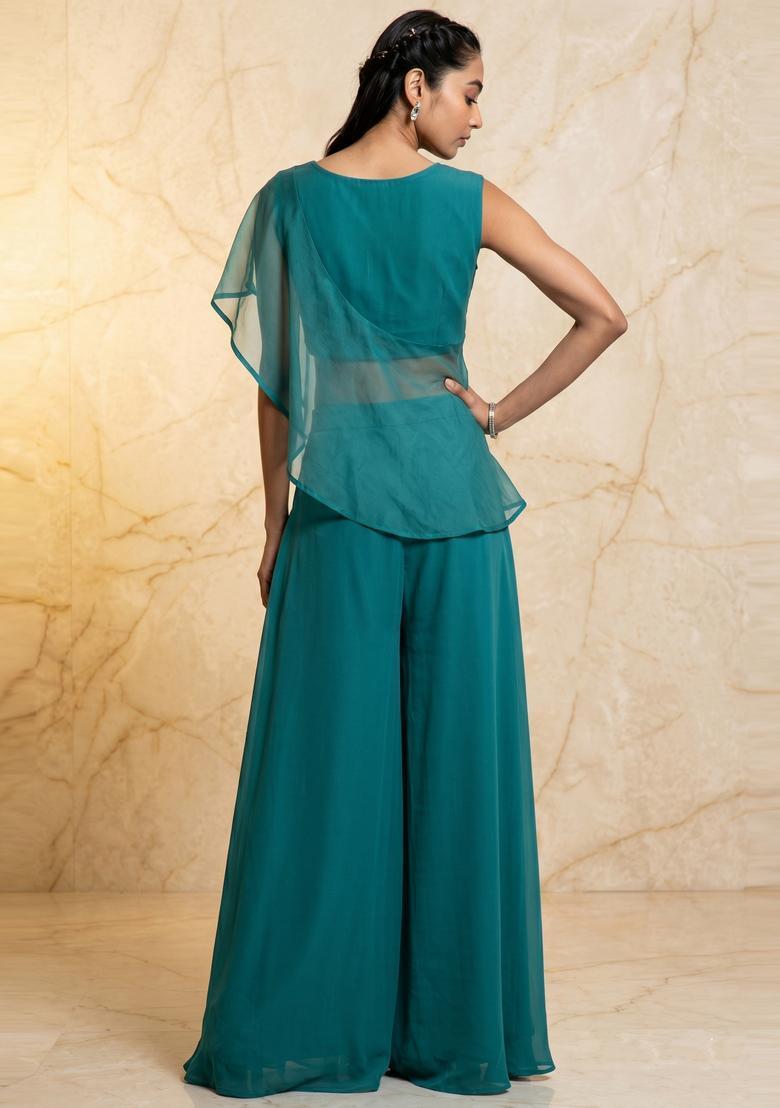 Teal Green Embroidered Handwork Fusion Set - Indya