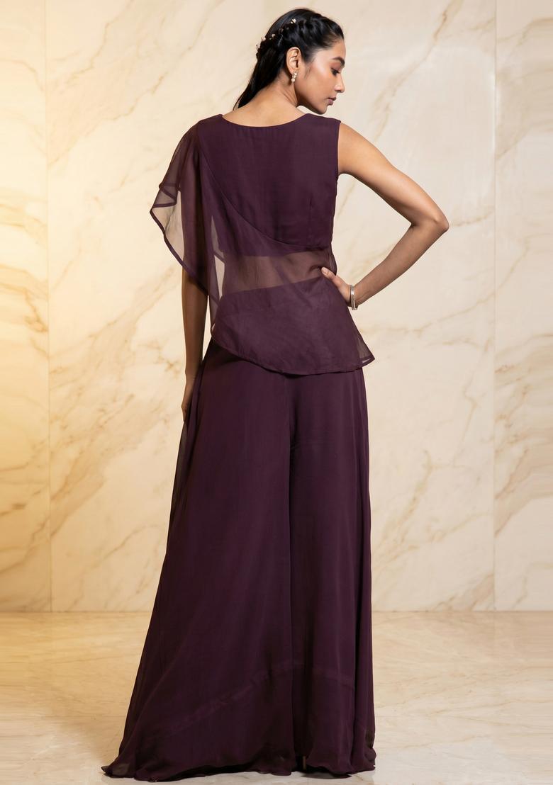 Deep Plum Embroidered Handwork Fusion Set - Indya
