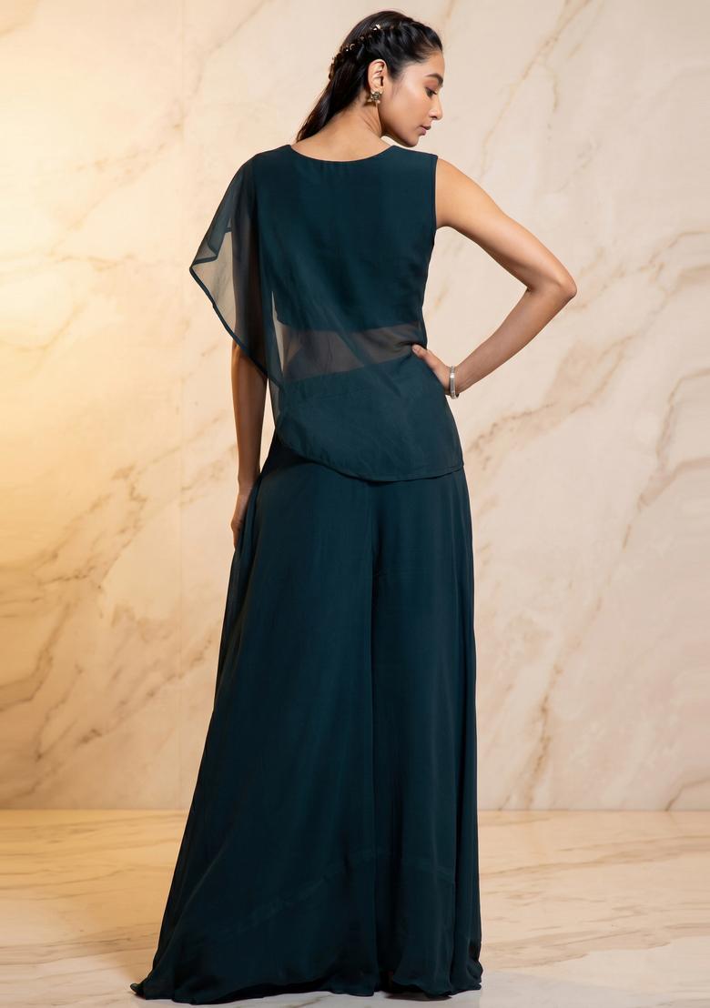 Deep Teal Embroidered Handwork Fusion Set - Indya