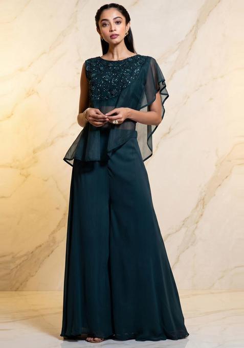 Deep Teal Embroidered Handwork Fusion Set