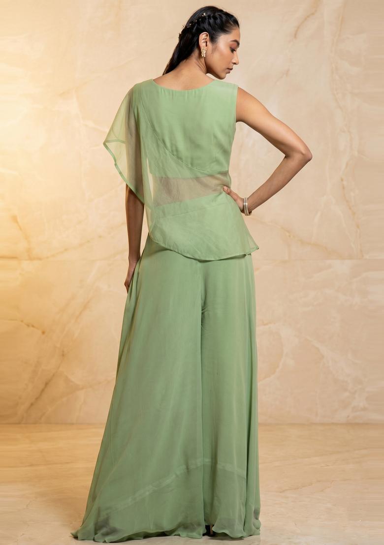 Pastel Green Embroidered Handwork Fusion Set - Indya