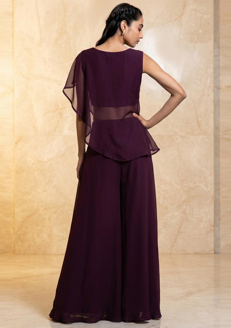 Deep Plum Embroidered Handwork Fusion Set - Indya