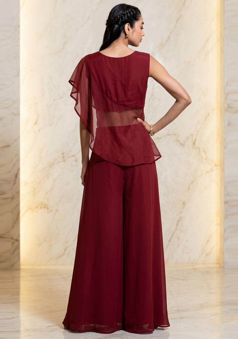 Maroon Embroidered Handwork Fusion Set - Indya