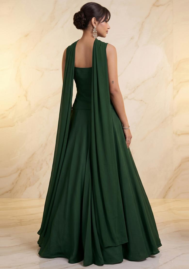 Dark Green Embroidered Handwork Lehenga Set - Indya
