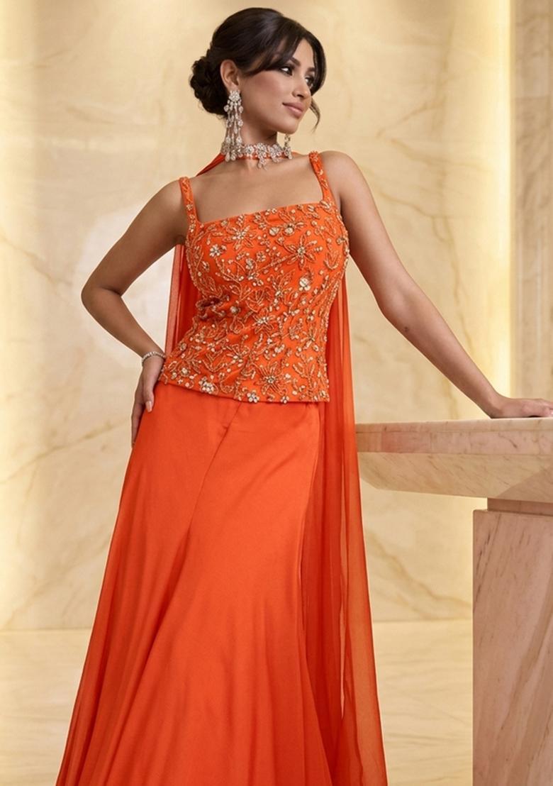 Bright Orange Embroidered Handwork Lehenga Set - Indya