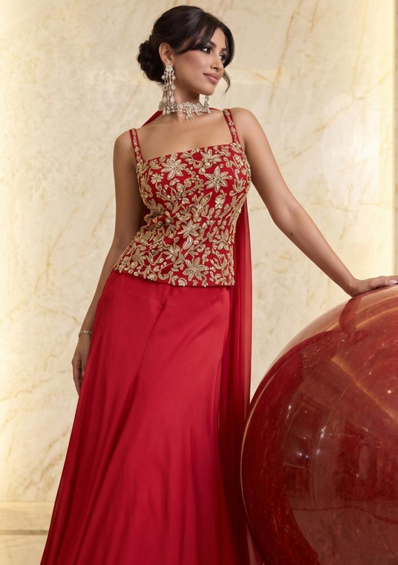 Deep Red Embroidered Handwork Lehenga Set - Indya