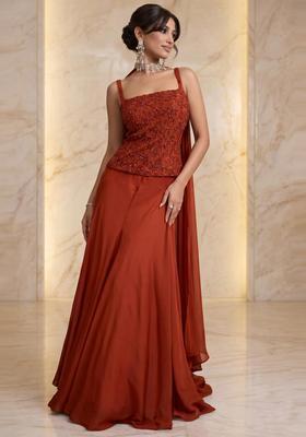 Burnt Orange Embroidered Handwork Lehenga Set